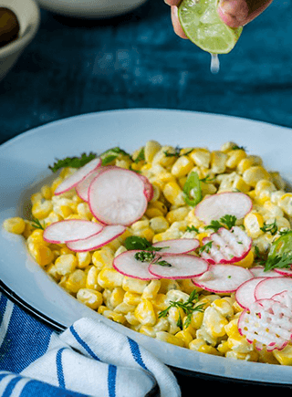 CORN SALAD WITH RADISH, JALEPENO, LIME IN MINT MAYO